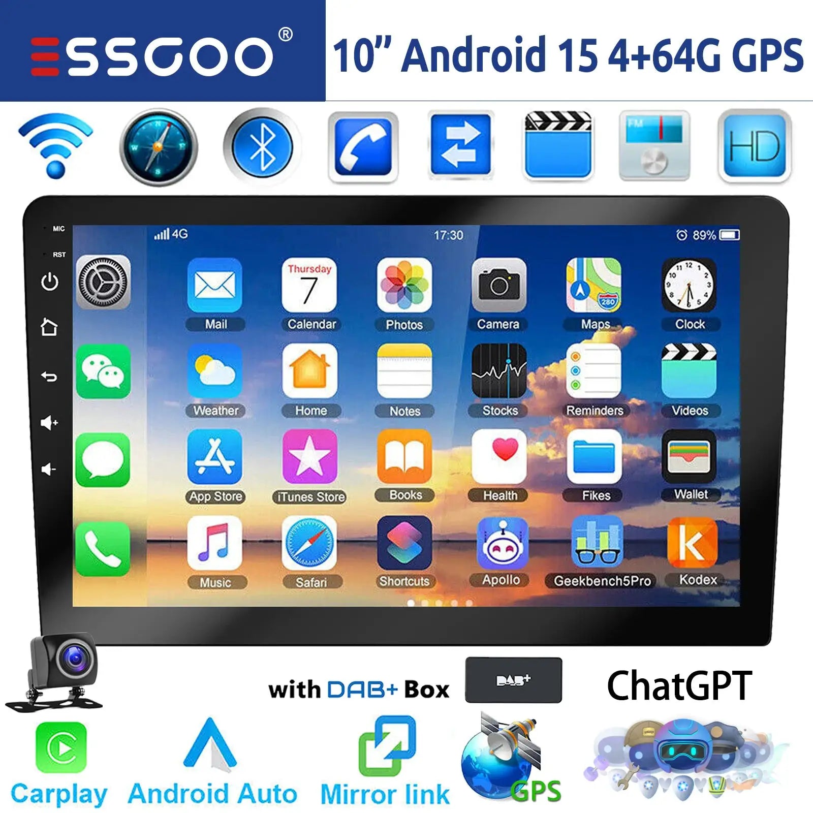 ESSGOO 10-inch Android car stereo head unit with CarPlay, Android Auto, GPS, Bluetooth, 4GB RAM 64GB storage