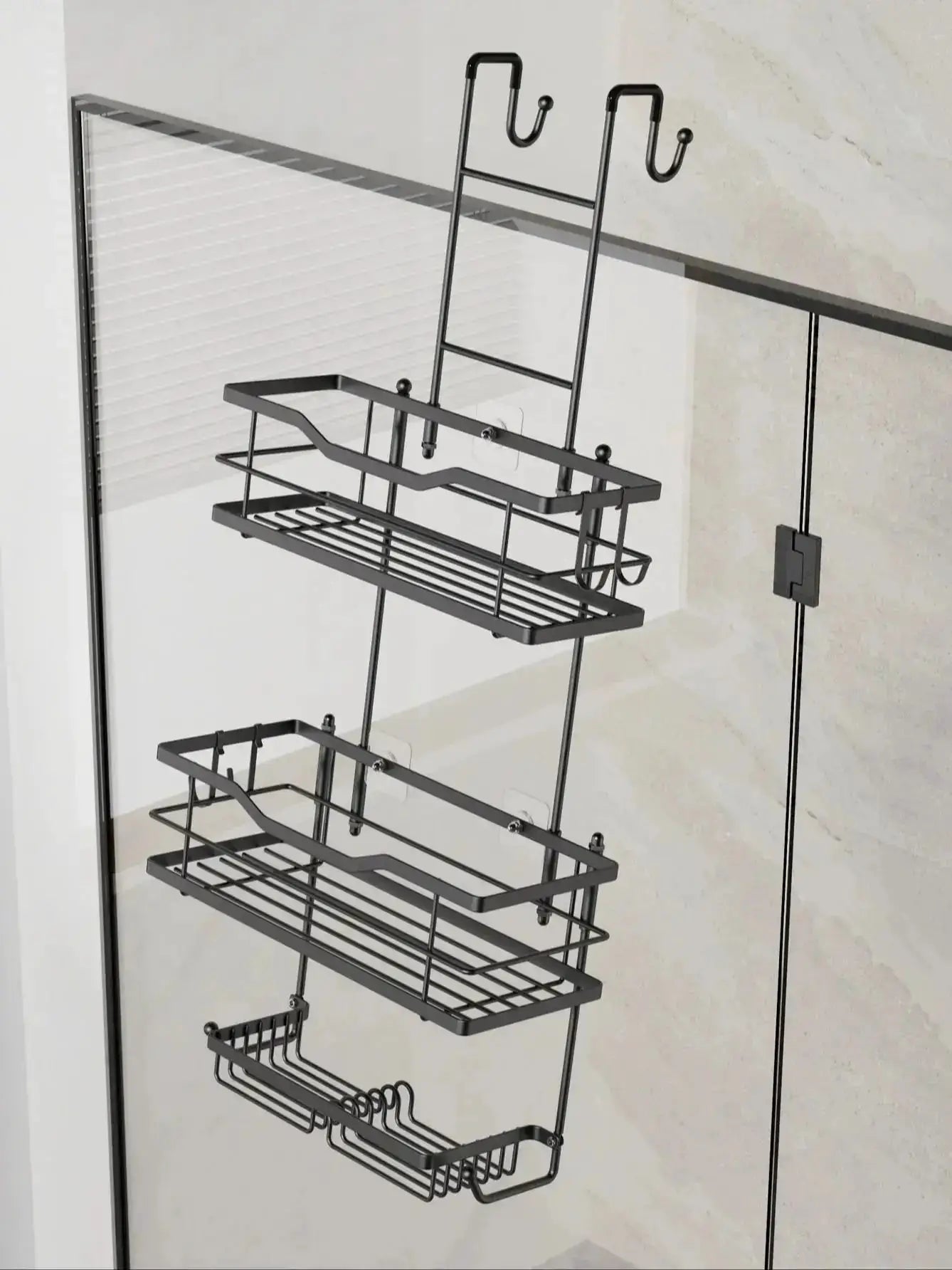 Simples Market 3-tier hanging shower caddy, large capacity with 2 soap dishes, black/silver metal.