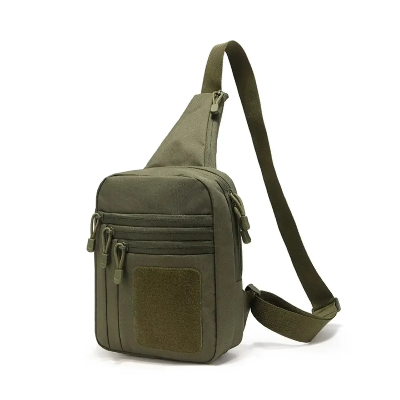 Tactical shoulder bag with crossbody strap in olive green and multiple zip pockets
