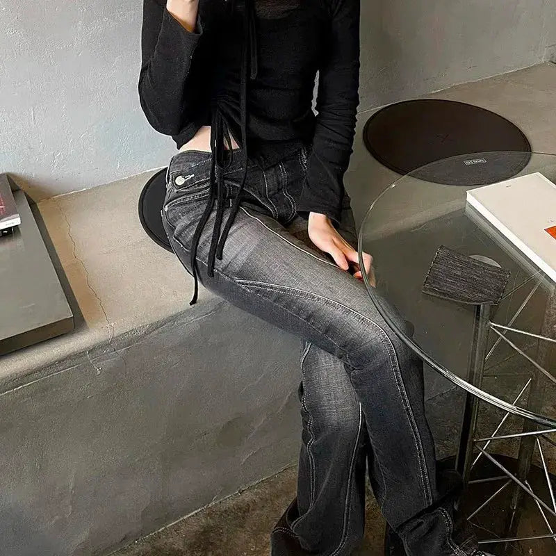 Vintage Distressed Asymmetrical Low Waist Jeans Grunge Flare Denim