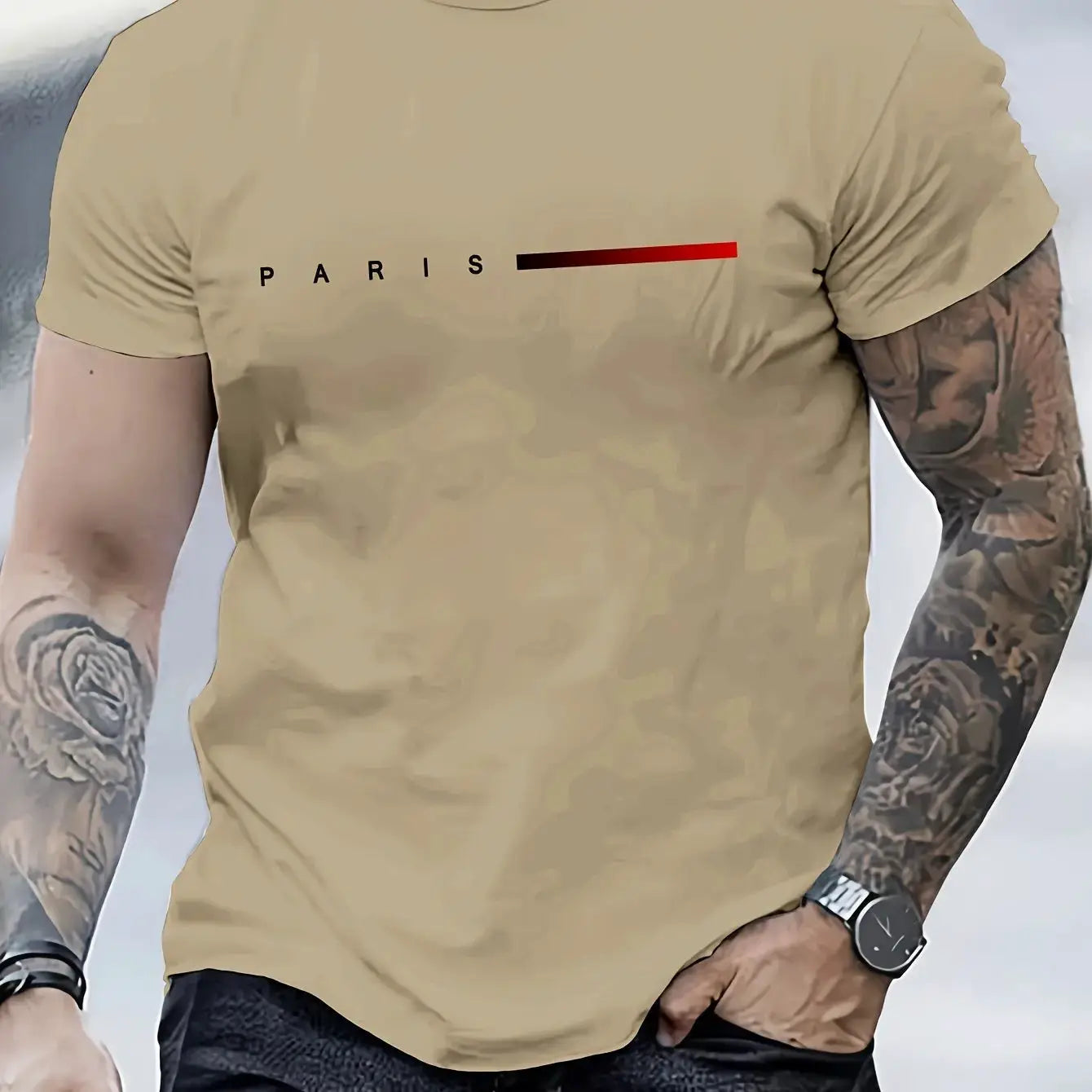 Men's 100 Percent Cotton Summer T Shirt Paris Letter Print Round Neck Short Sleeve Casual Top