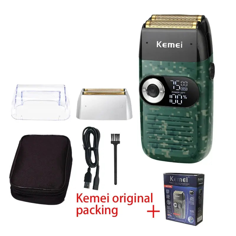 Kemei electric shaver with camouflage green body, includes USB cable, cleaning brush, storage case, stand, and box.