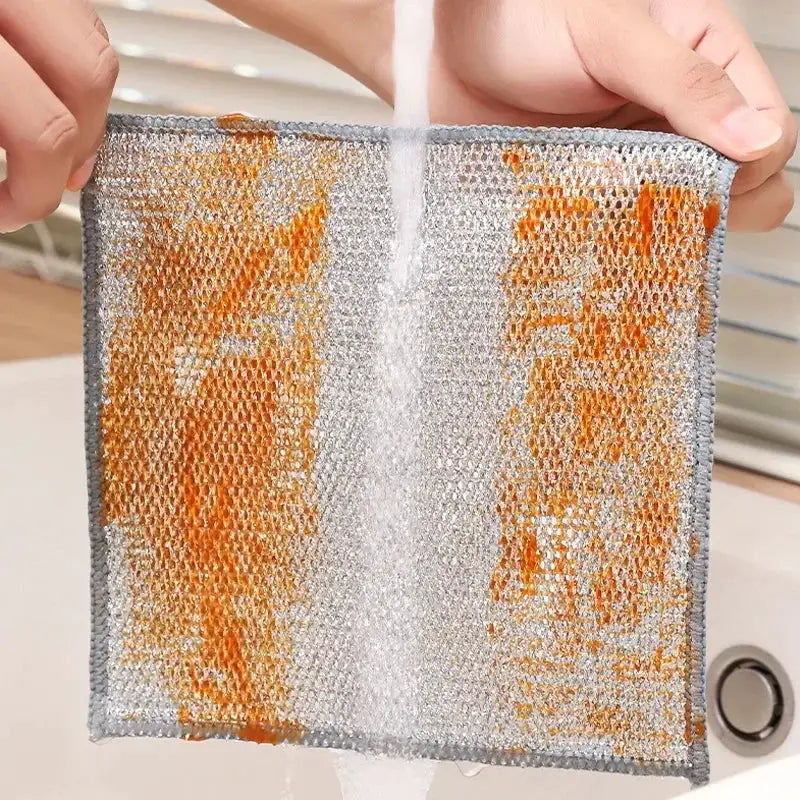 Magic dishcloth with built-in sponge and steel-wire scrubber, silver microfiber mesh cloth