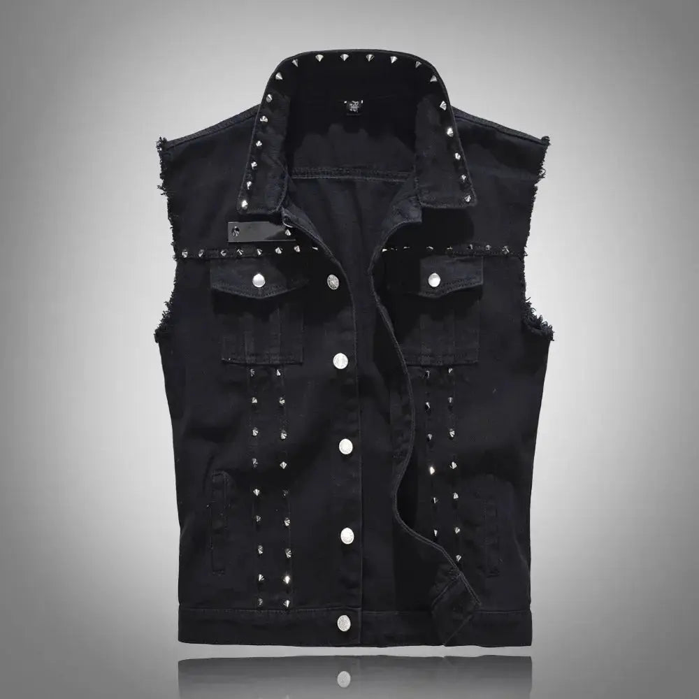 Men's black denim sleeveless vest with metal studs, two chest pockets and silver snap buttons