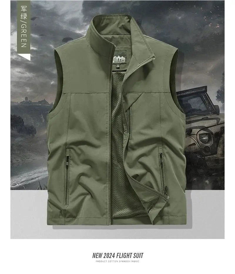 Olive green windproof sleeveless vest with zip pockets and mesh lining for motorcycle outdoor wear by Simples Market.