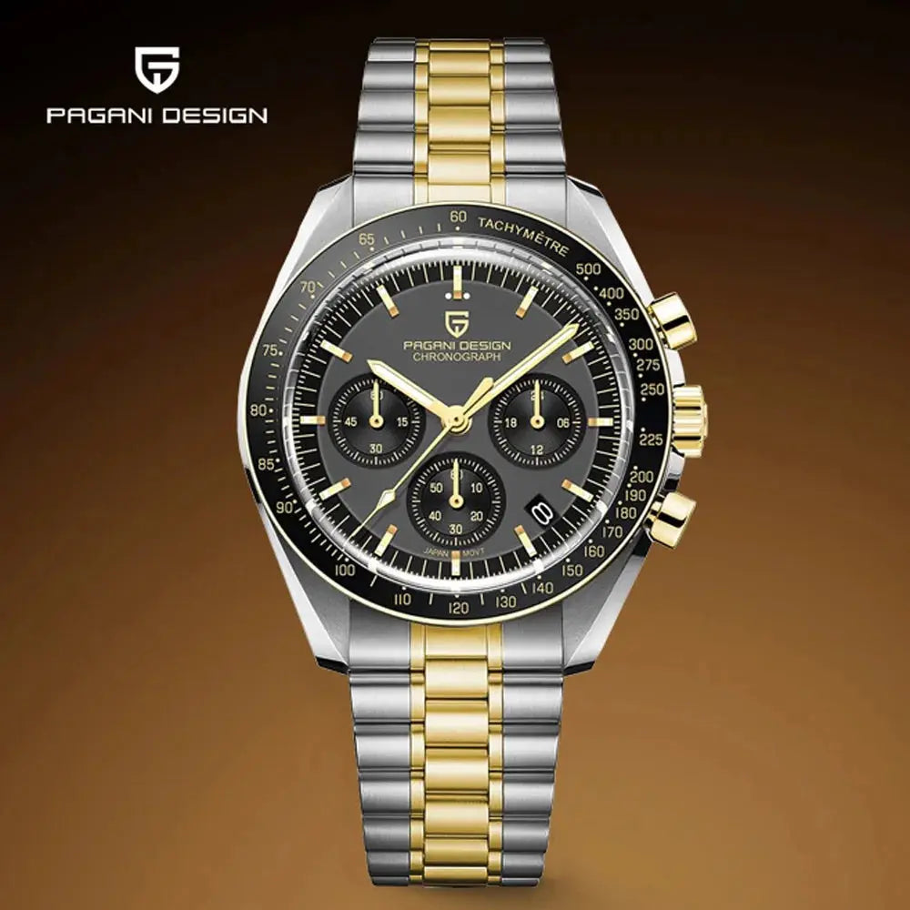 Pagani Design PD1701 gold two-tone quartz chronograph men's wristwatch with black dial and sapphire crystal