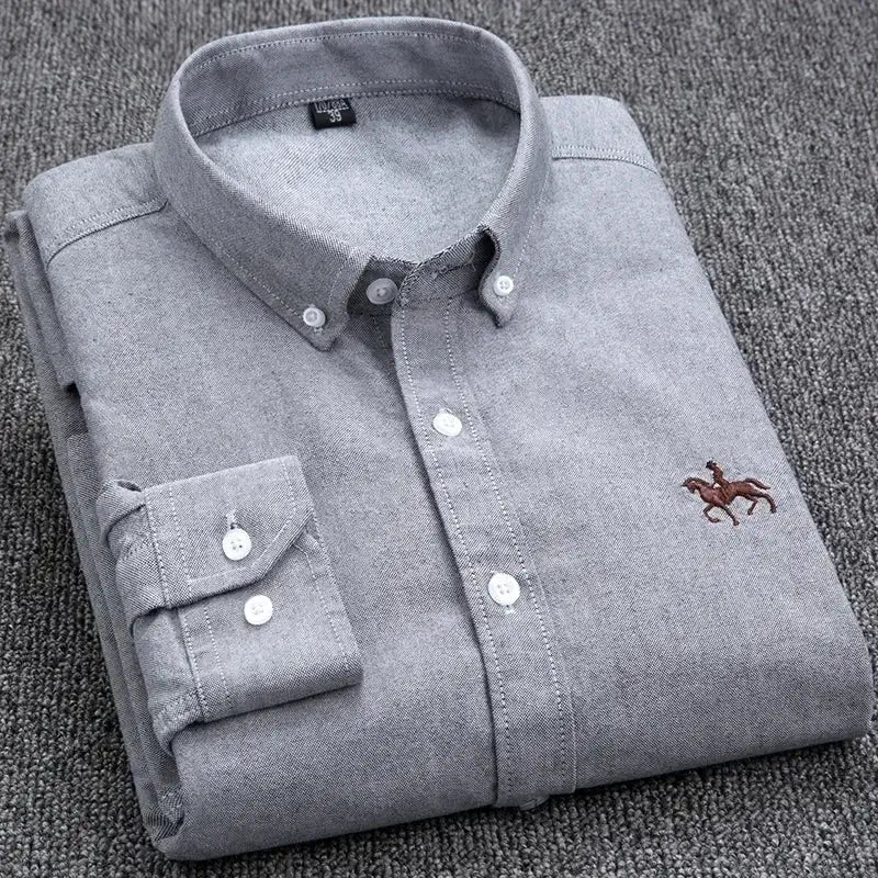 Simples Market gray cotton Oxford dress shirt, long sleeve, button-down collar, embroidered horse logo, large size