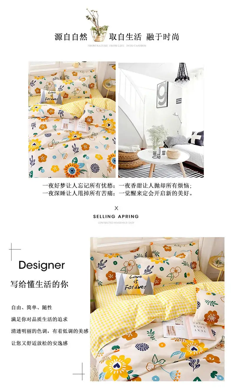 Simples Market four-piece cotton bedding set with yellow floral print and checkered accents.