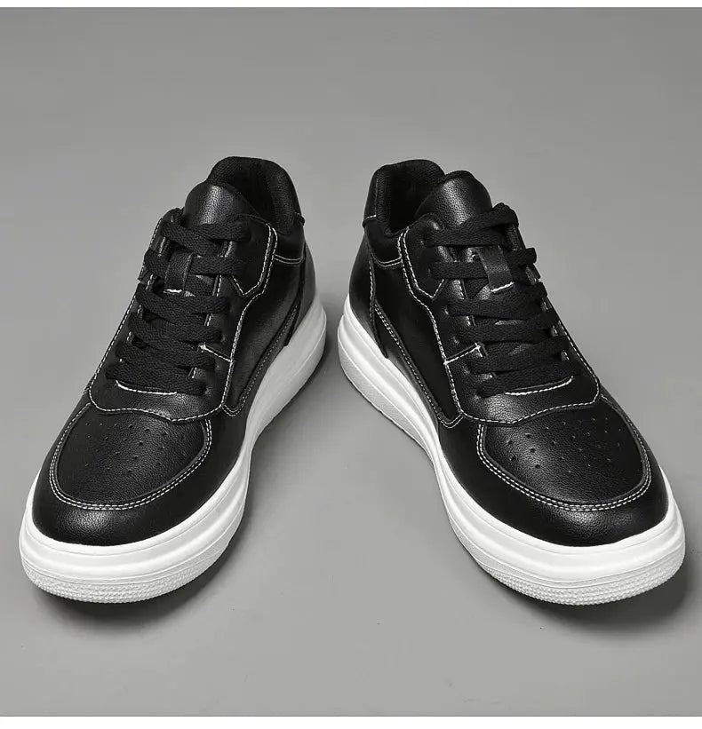 Pair of men's black leather elevator sneakers with white sole, lace-up casual shoes