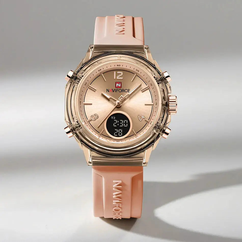 Naviforce women's wristwatch with rose-gold case and pink rubber strap, dual time display