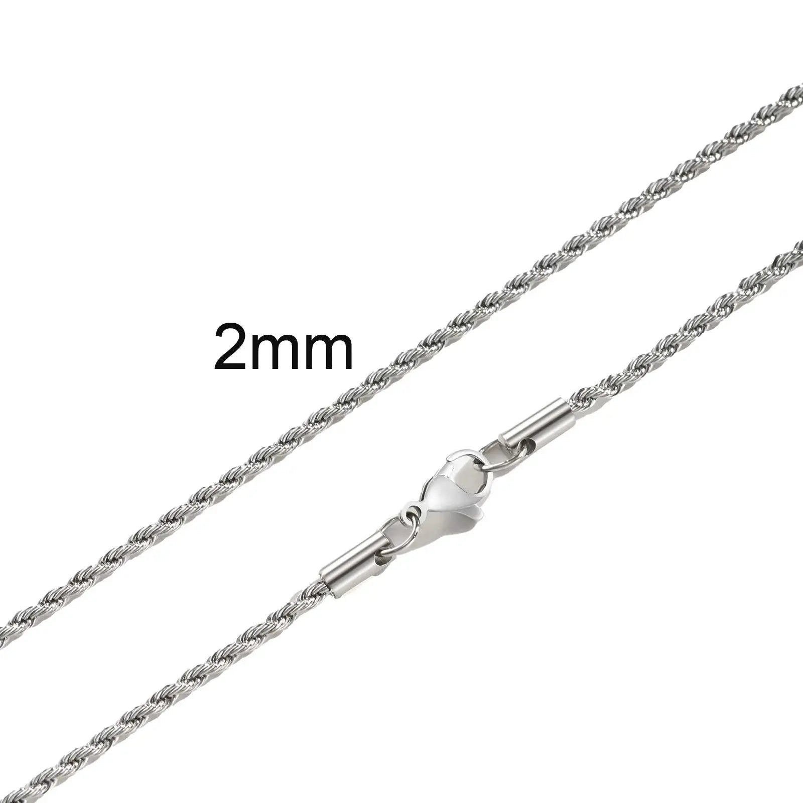 2mm stainless steel rope chain necklace in silver tone with lobster clasp, Simples Market