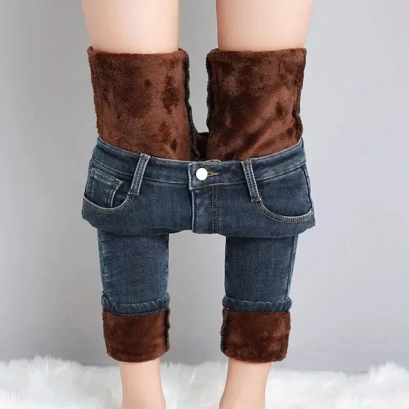 Women Thermal Jeans Fleece Lined Warm Stretch Slim Fit Pants Korean