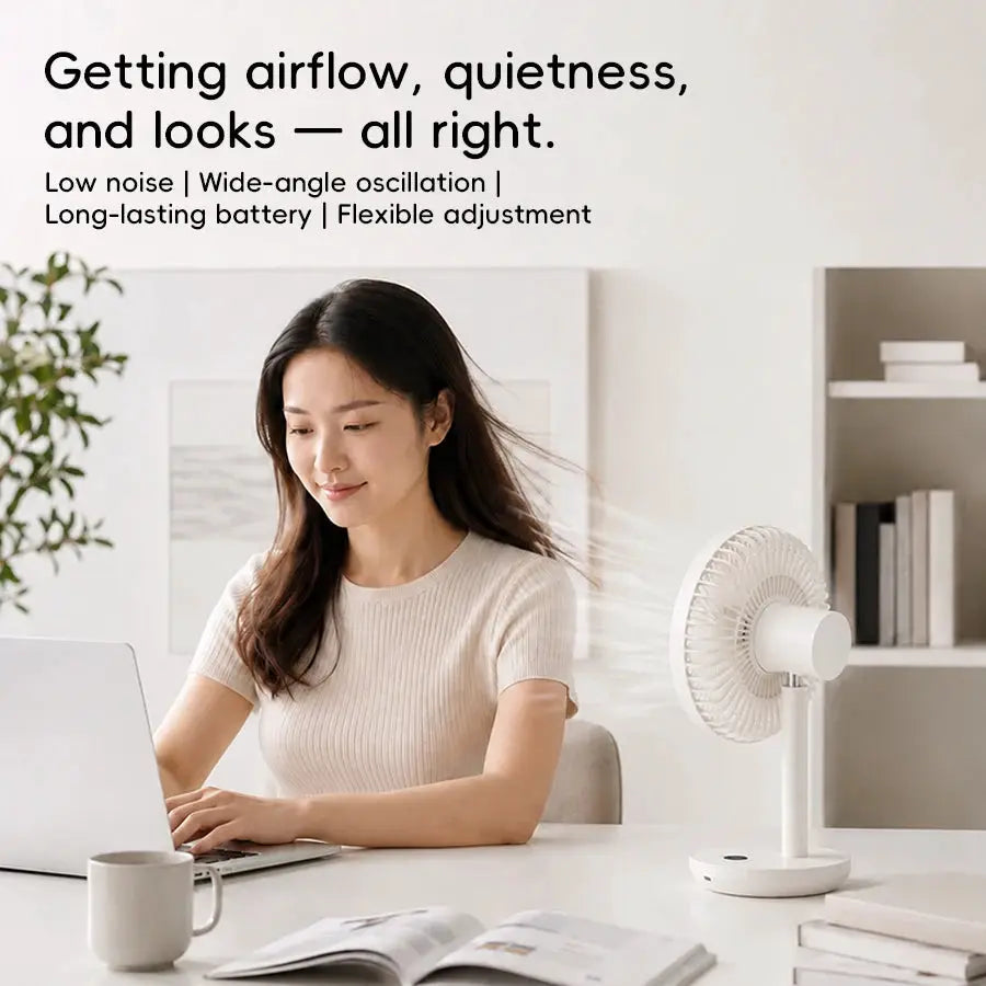 KINSCOTER smart oscillating desk fan, white, USB rechargeable 4000mAh, 5 speeds, angle adjustable