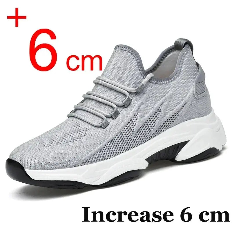 Men's height-increase sneakers in gray mesh; 6 cm lift, breathable casual footwear