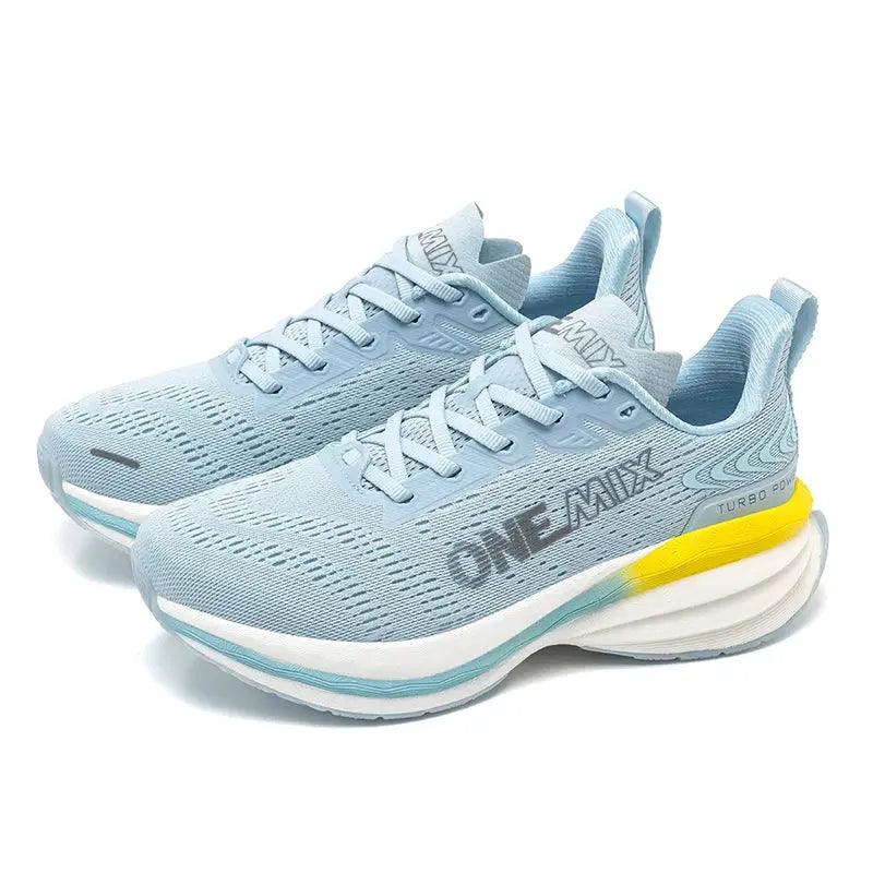 ONEMIX men's running shoes, blue breathable mesh with air-cushion sole and yellow heel accent, pair of shoes