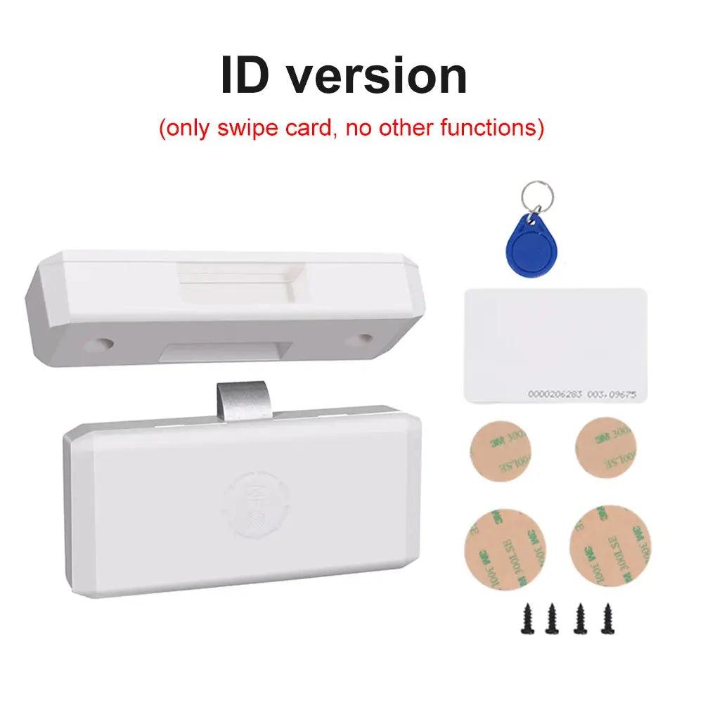 Simples Market white NFC smart drawer lock kit with card, blue key fob, 6 adhesive discs and 4 screws