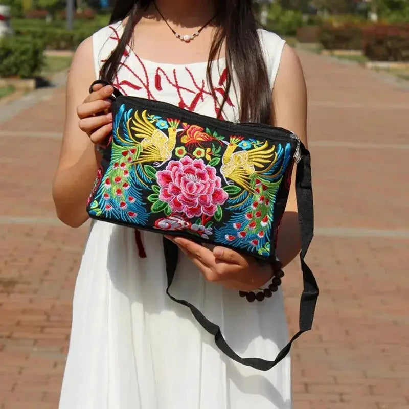 Women's nylon crossbody bag with vibrant floral embroidery and birds, large-capacity with black strap, Simples Market
