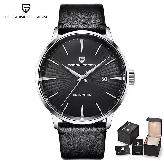 Pagani Design men's automatic wristwatch with black dial, silver case, and black leather strap.