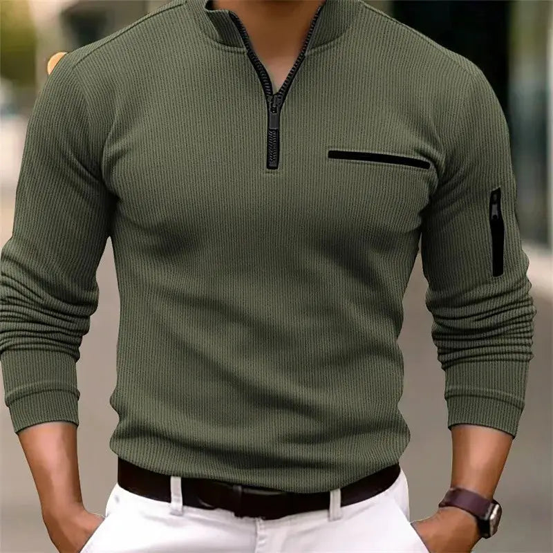 Men's olive green ribbed knit polo with zip neck and zippered chest pocket