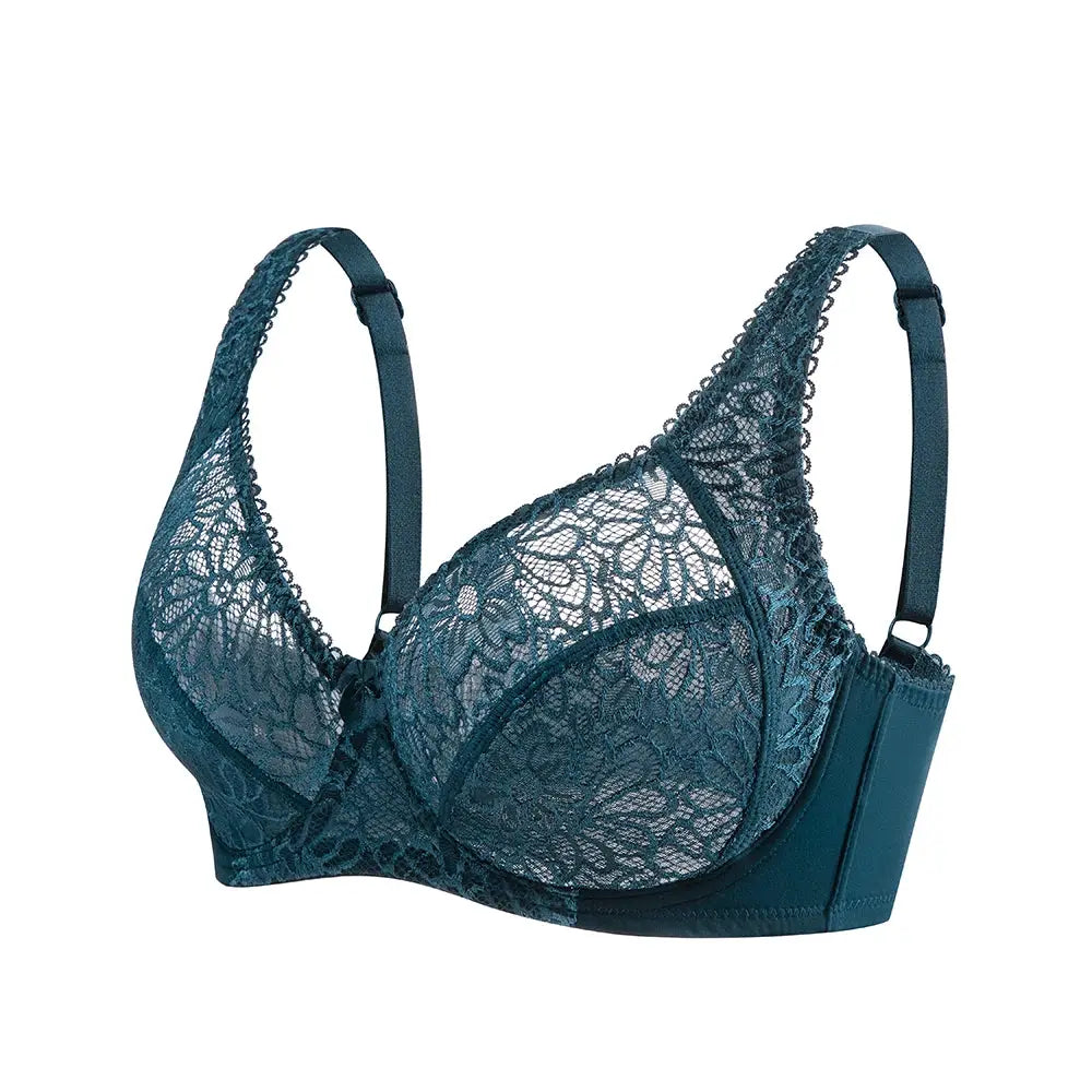 Plus size lace bra by Simples Market in teal blue with floral lace, underwired cups, and adjustable straps.