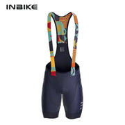 INBIKE men's MTB cycling bib shorts with colorful geometric suspenders and navy padded shorts.