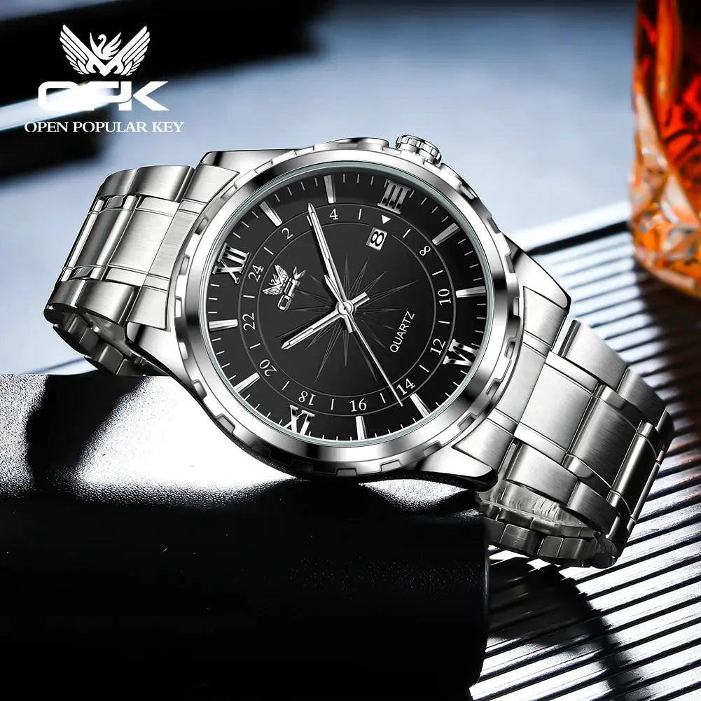 OPK Brand Steel Belt Dual Calendar Mens Quartz Watch 6003 Dual Calendar Display Stainless Steel Case