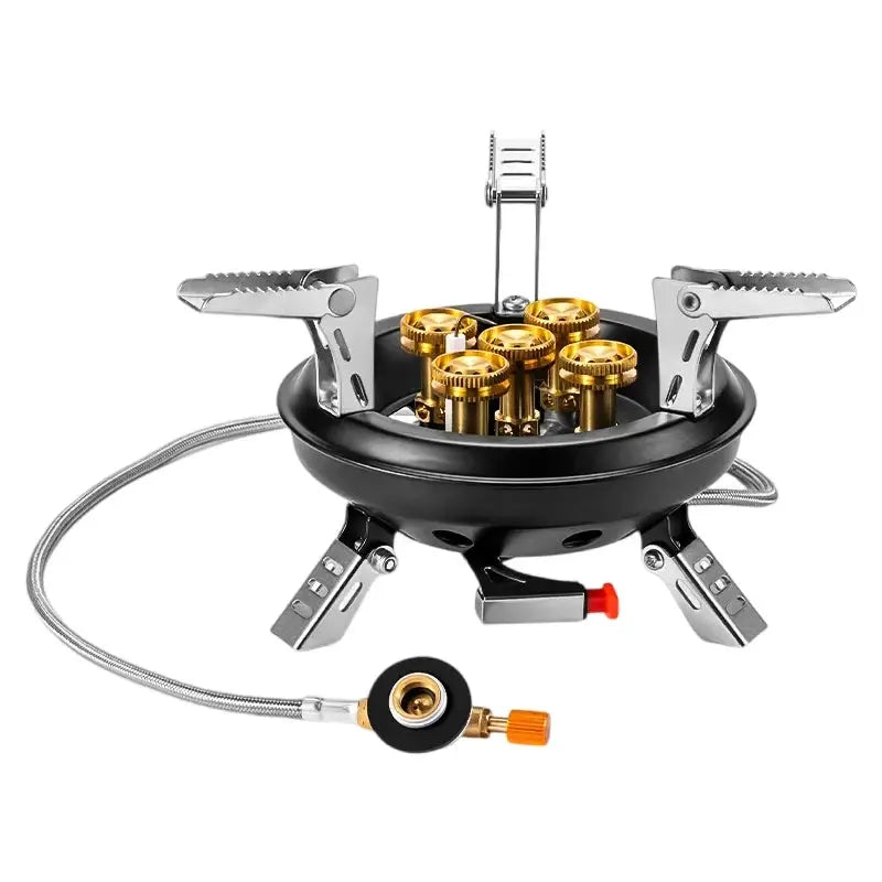 Simples Market BRS201A high-power camping gas stove with six brass burners on a black body, piezo ignition