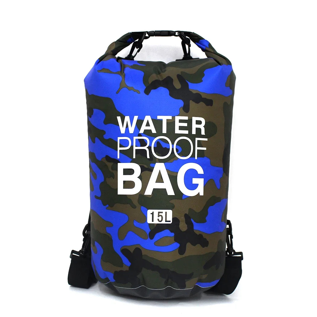 Dry bag waterproof 15L with blue camouflage pattern for kayaking and outdoor water sports