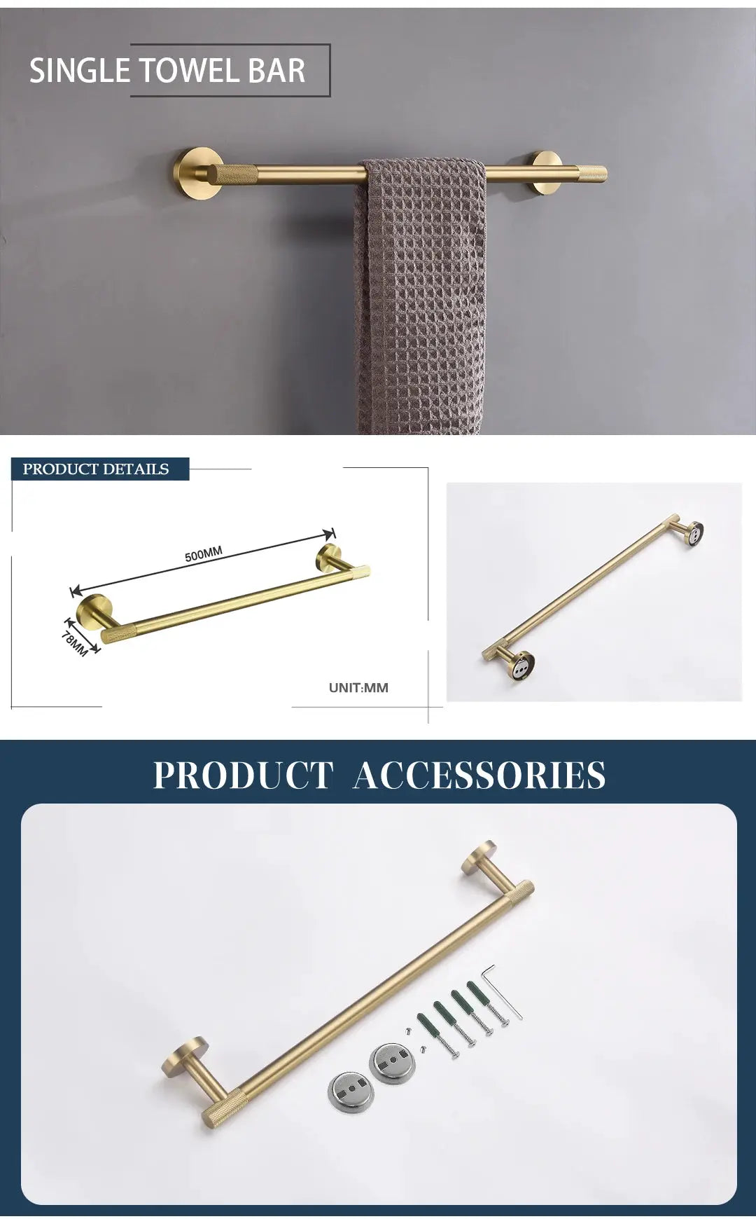 Simples Market brushed gold knurled brass towel bar mounted on wall with towel