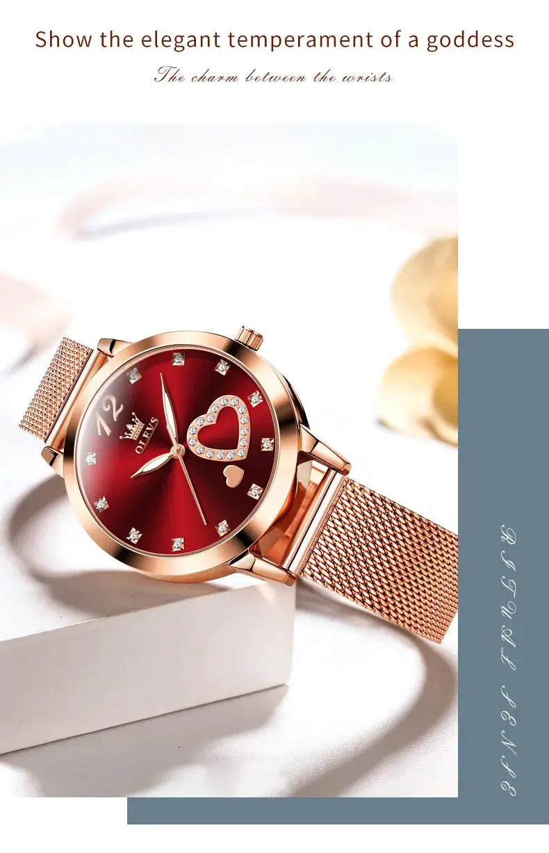 OLEVS 5189 women's quartz watch with rose-gold mesh steel strap and red dial with crystal heart motif