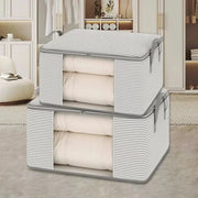 Foldable storage bag set (2) in gray striped fabric for clothing, quilts, and misc items, space-saving design.
