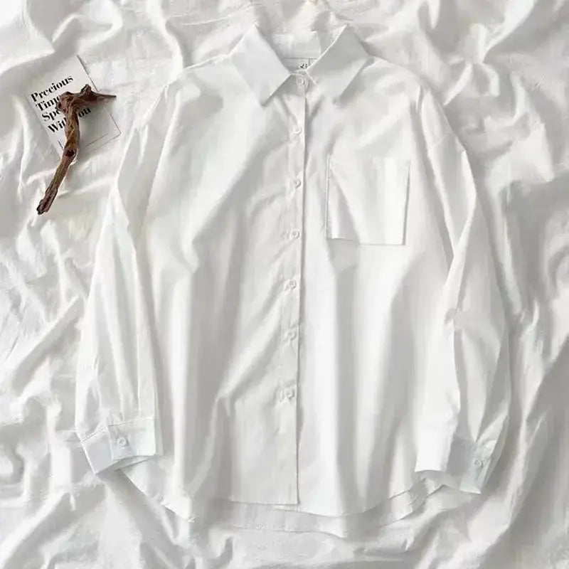 Simples Market white Japanese-style oversized long-sleeve shirt with turn-down collar and chest pocket