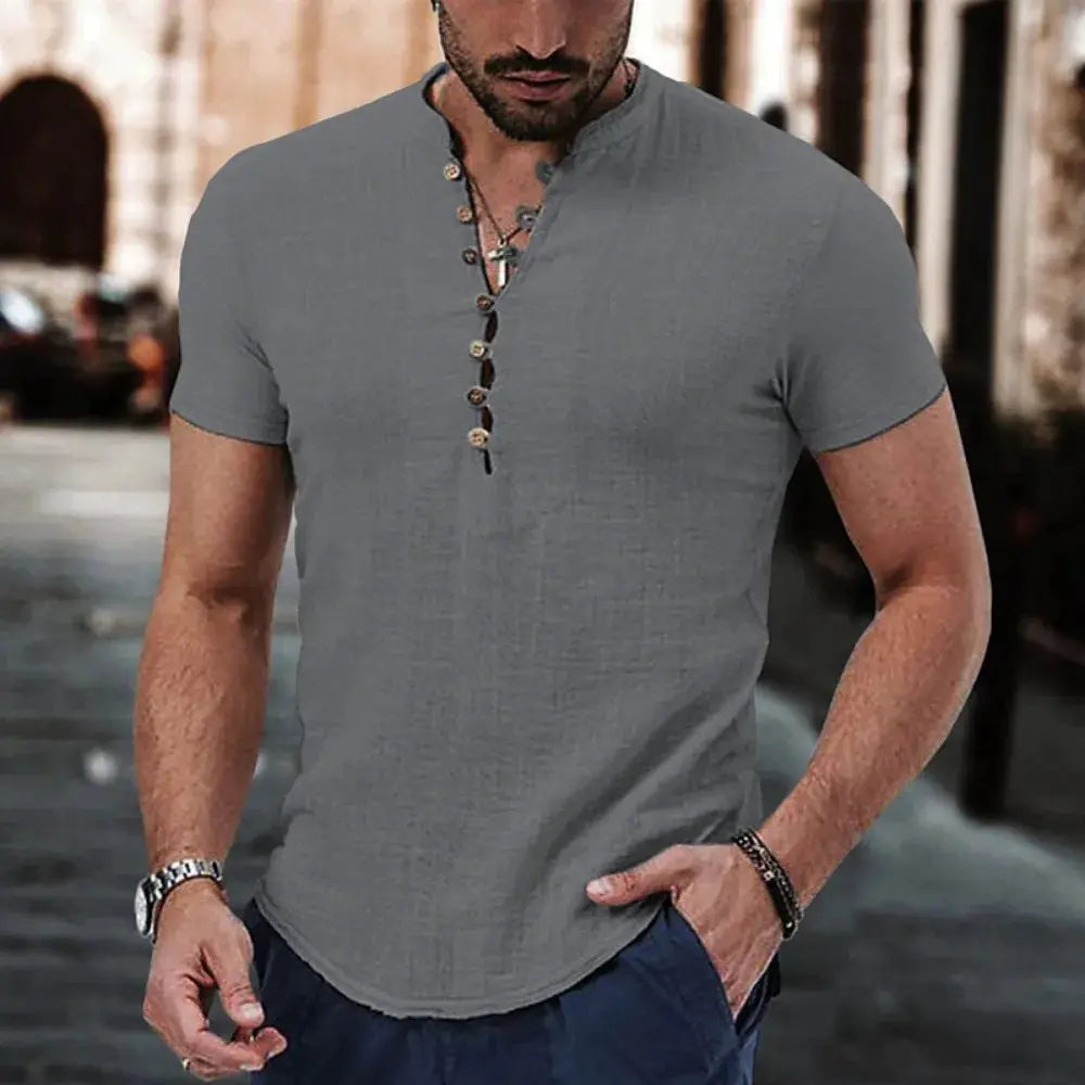 Men's grey short-sleeve Henley shirt with button placket, cotton-linen blend.