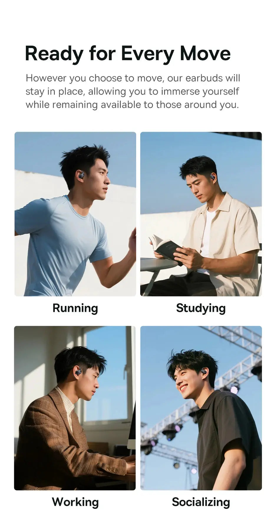 Baseus Eli 2i Fit open-ear wireless gray earbuds; four users shown in running, studying, working, and socializing.