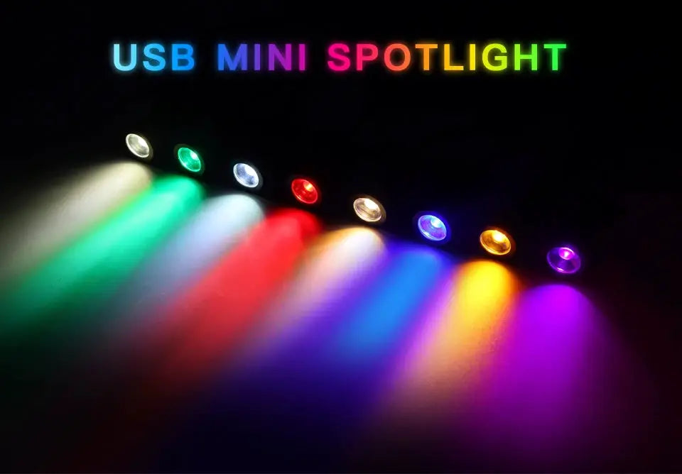 Simples Market USB mini ceiling spotlight, 8 colorful LEDs casting rainbow beams.