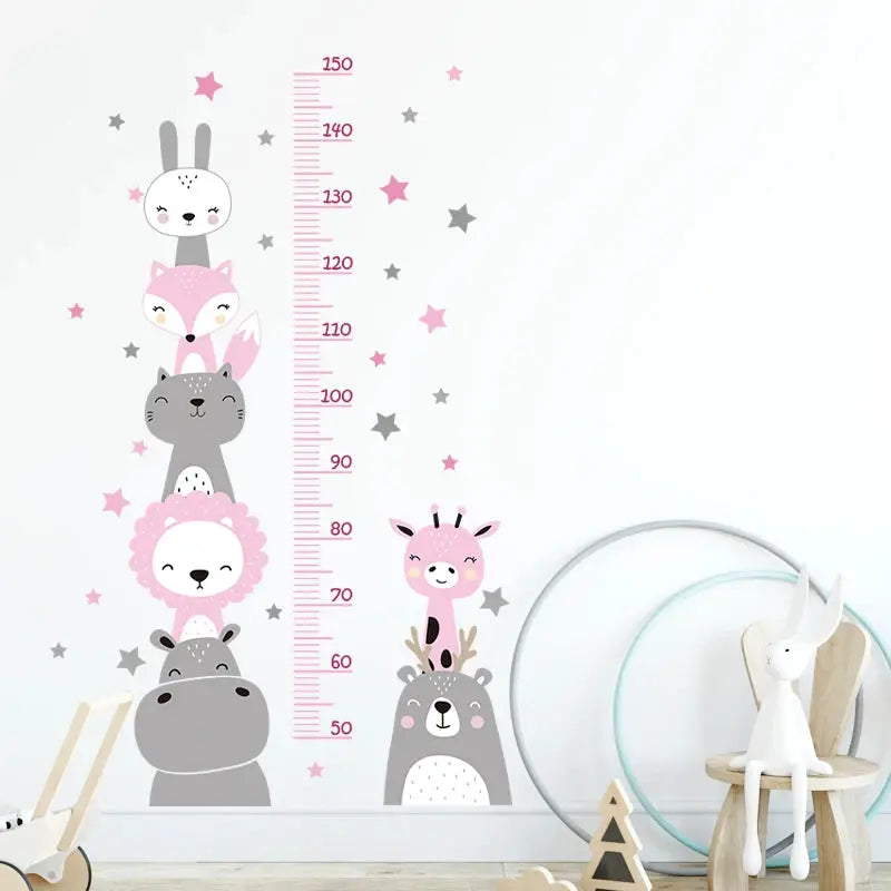 3pc cartoon animal height ruler wall stickers in pink and gray PVC, waterproof and removable for kids' room