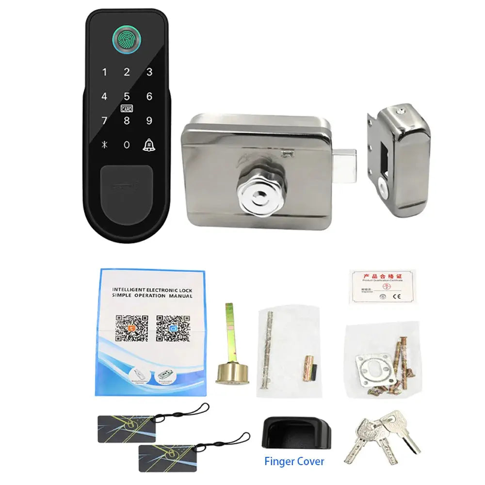 Simples Market smart door lock with fingerprint keypad and Tuya app support; includes two keys, two cards, strike plate