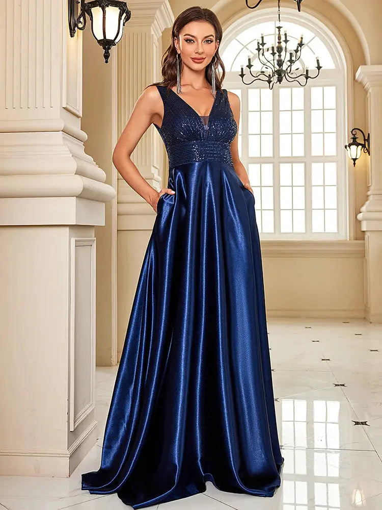 Emerald Green Sequin Evening Dress V Neck Satin Prom Floor Length