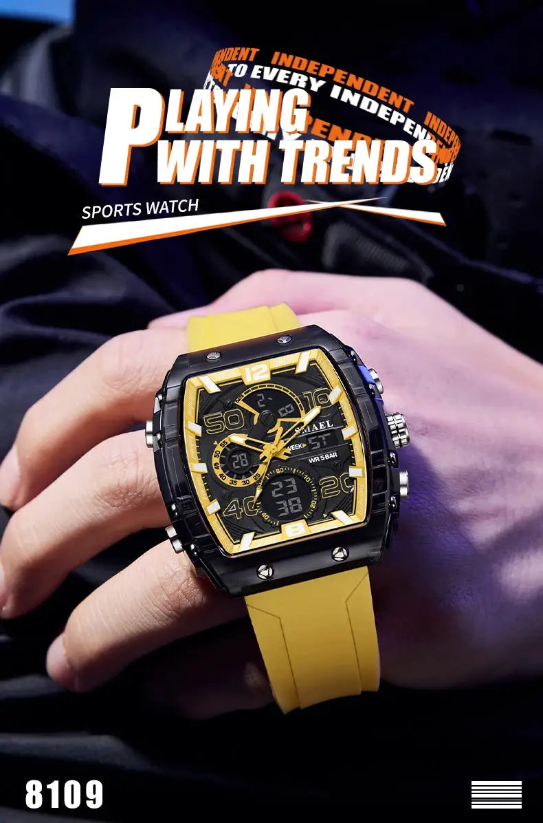 SMAEL 8109 men's square dual-display sport watch with black case, gold bezel and yellow silicone strap.