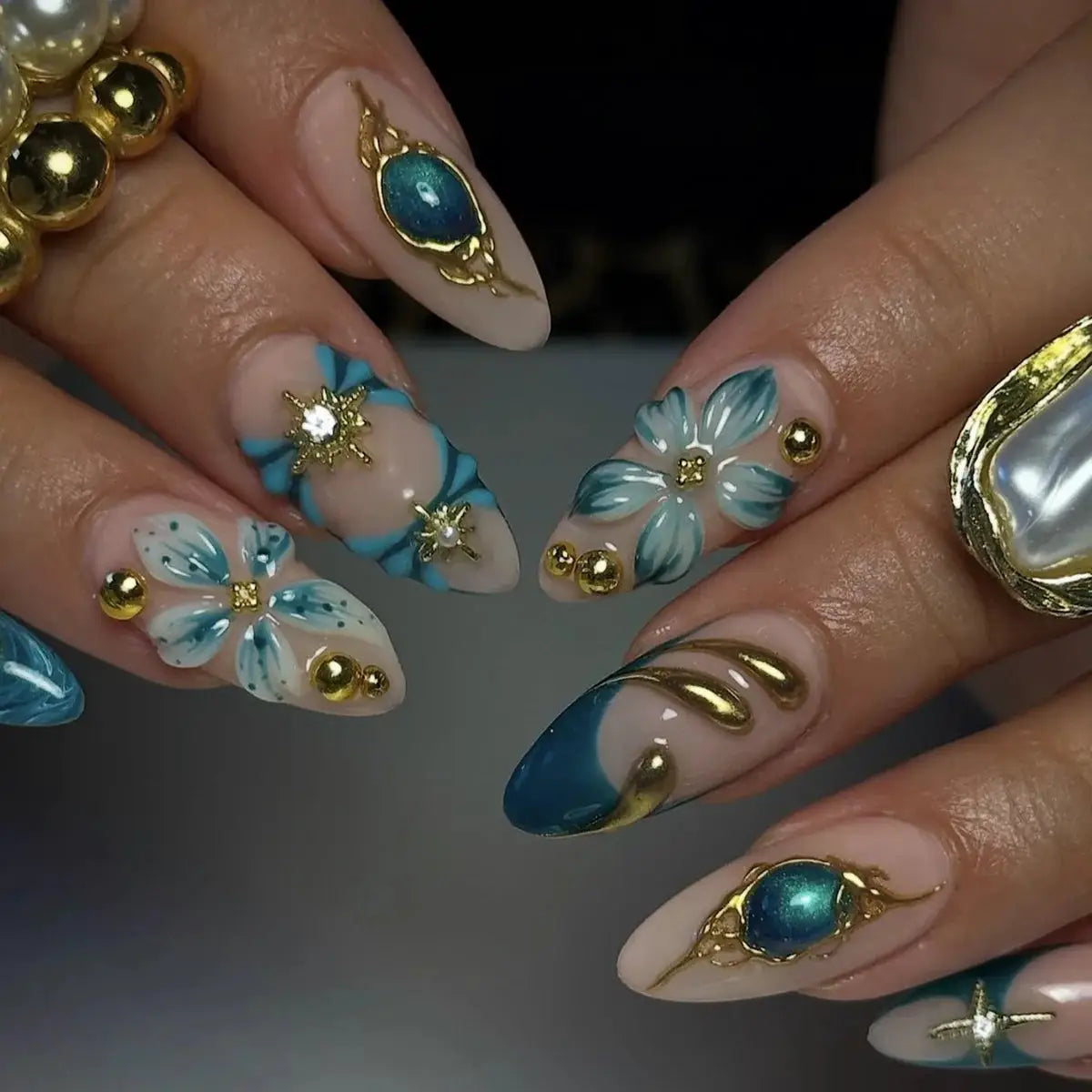 GlamNail Pink Almond Press On Nails Full Coverage Carved Flower 3D Ripple French Tips Golden Pearl Finish