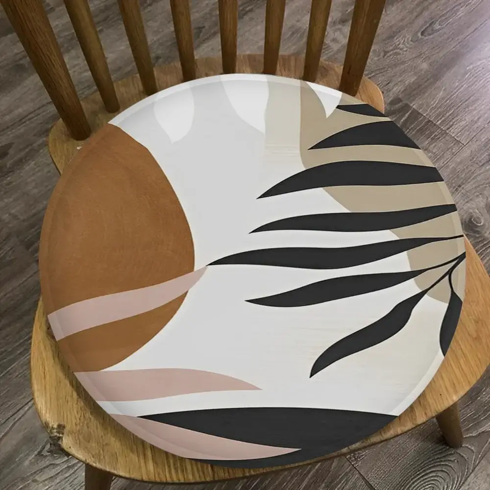 Simples Market palm tree leaves art round chair cushion, 45x45 cm, beige and black leaf pattern