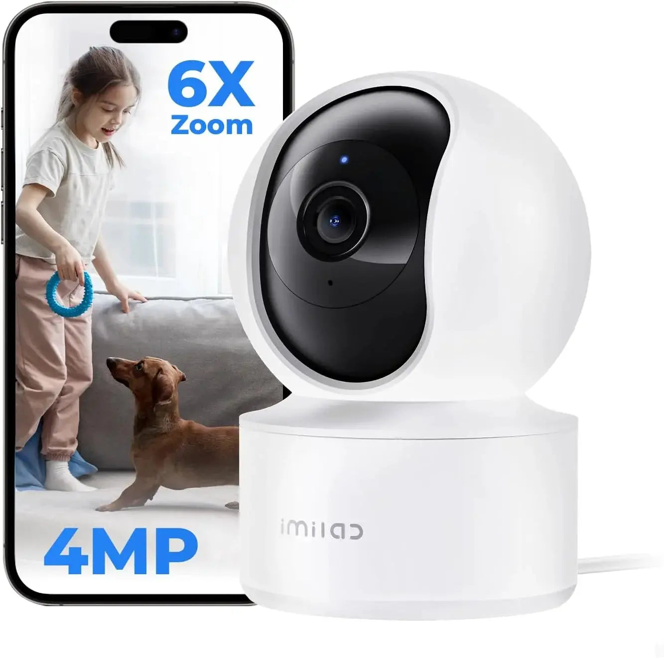 IMILAB C21 WiFi camera on a white base, with a smartphone showing a child and dog and a 6x zoom label