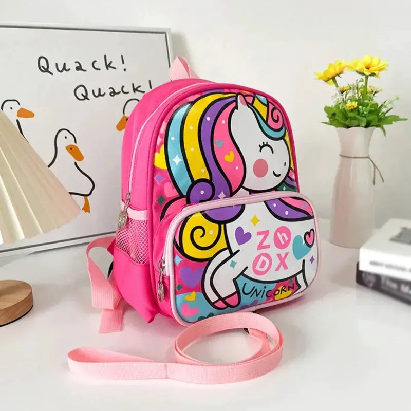 Simples Market kids pink unicorn backpack for school with rainbow design and front pocket