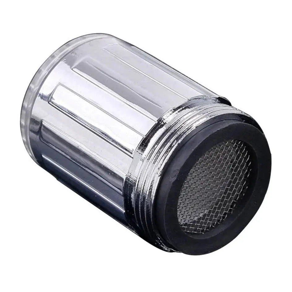 LED faucet aerator head with transparent housing, chrome ring, and mesh screen