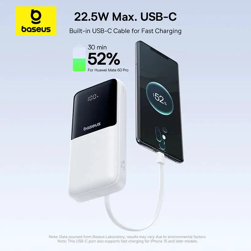 Baseus Power Bank 20000mAh PD 22.5W with built-in USB-C cable, white external battery charger