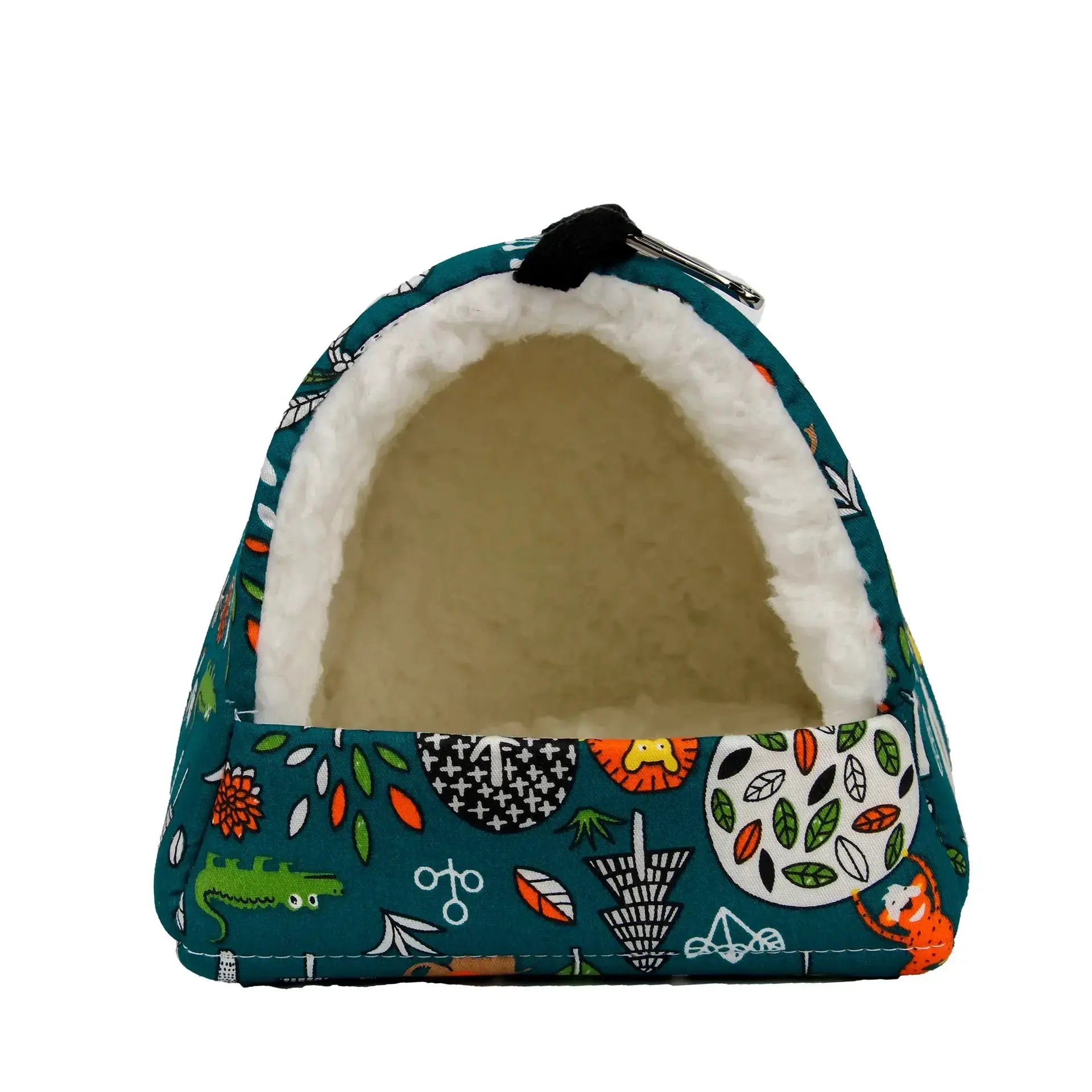 Small animal sleeping bed with plush white interior and teal patterned exterior, hanging in cage
