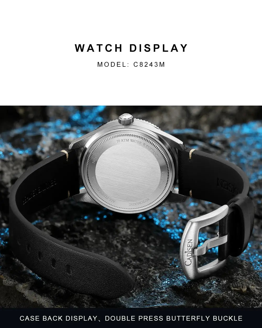 CADISEN men's watch back view; stainless steel case, black rubber strap, butterfly buckle