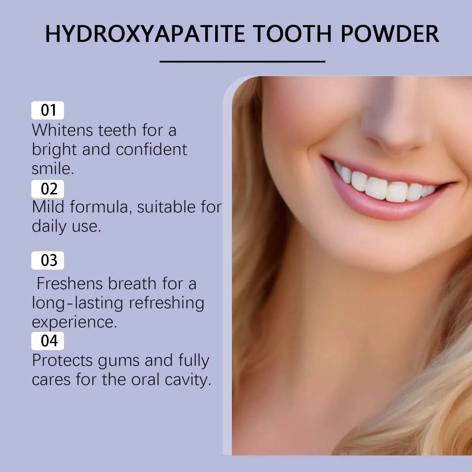 Simples Market hydroxyapatite tooth powder for whitening, plaque and tartar removal, shown with a smiling model.
