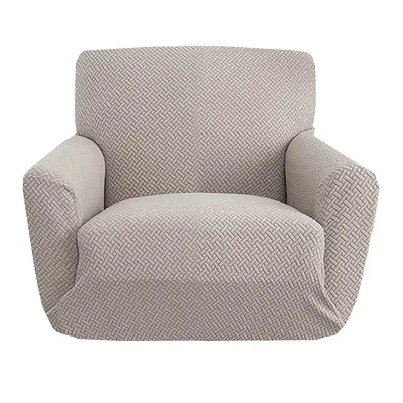 Jacquard polyester armchair cover in beige with a geometric pattern