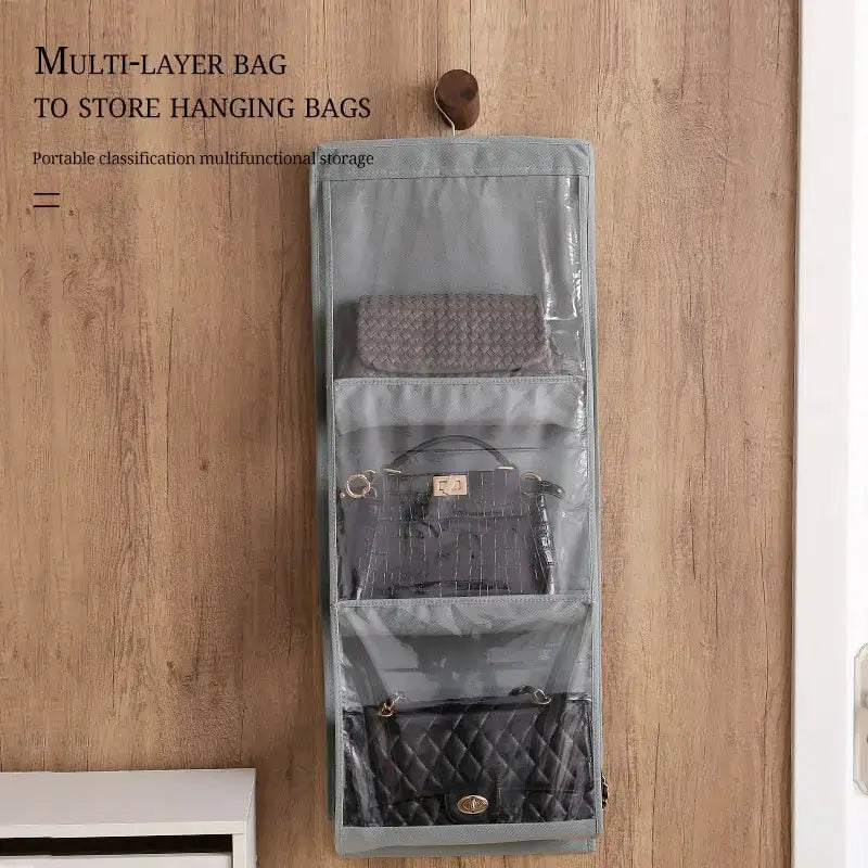 6 Pocket Hanging Handbag Organizer Gray Waterproof Storage Bag For Wardrobe Closet With Door Or Wall Mount